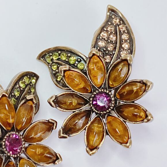 Signed Heidi Daus Pink Swarovski Crystal & Faux Amber Floral Clip On Earrings - Picture 4 of 12